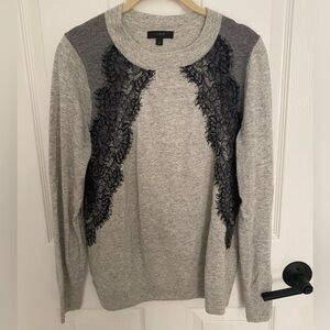 JCREW gray crew neck wool sweater with black lace trim size small